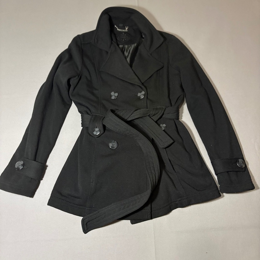 Joujou Pea Coat Womens Size M Black Belted Double Breasted Fleece Jacket